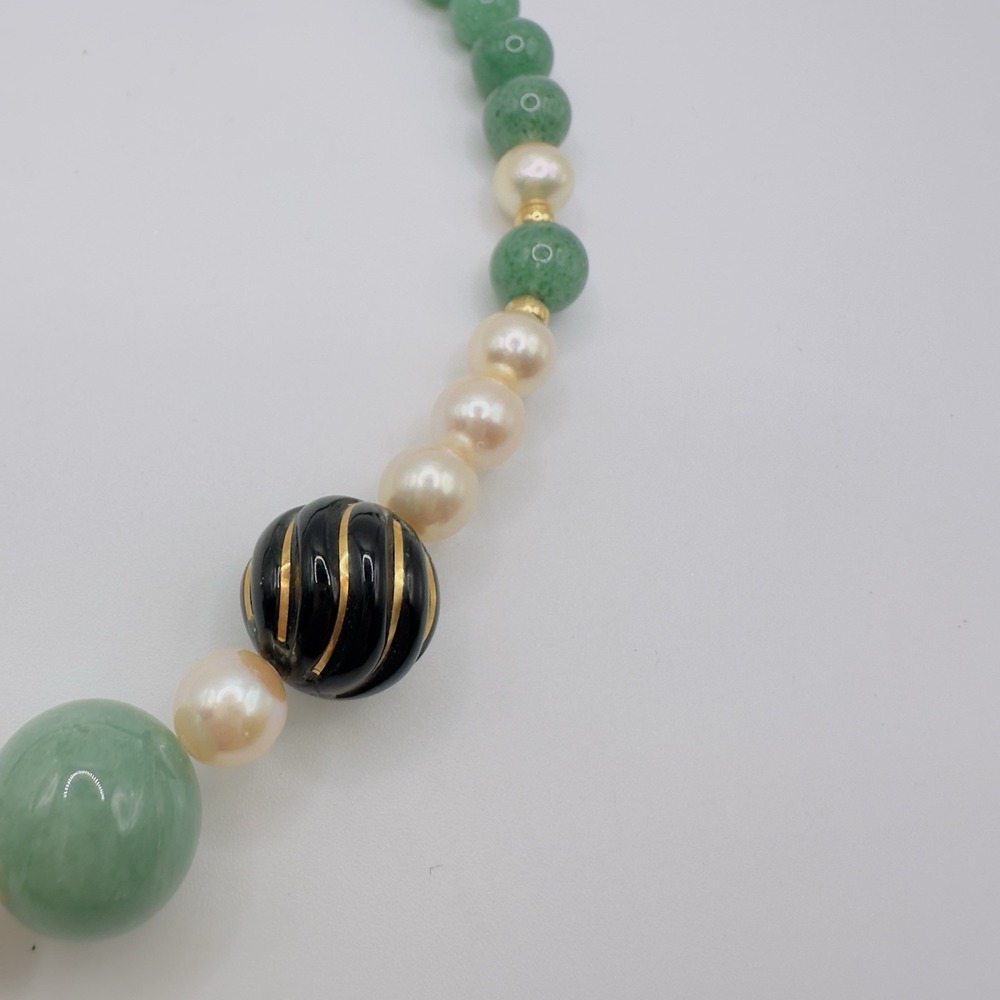 Artisan Gemstone & Pearl Necklace Black Gold Swirl Bead Statement Necklace 18" - Picture 7 of 13